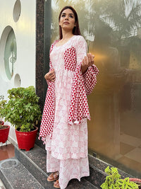 Thumbnail for Red and White Three Piece Cotton Hand Block Print Kurta Palazzo Dupatta Set For Women