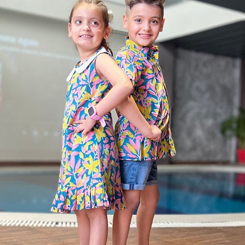 Boy & Girl Cotton handblock print multicolour twinning set Duo
