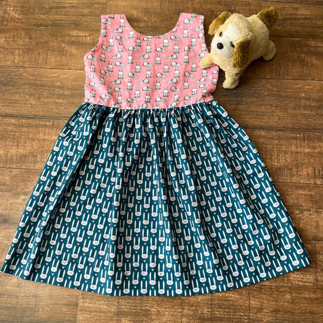 Bubblegum Pink Blue Bunny Print Spun Cotton Sleeveless Nighty For Girls