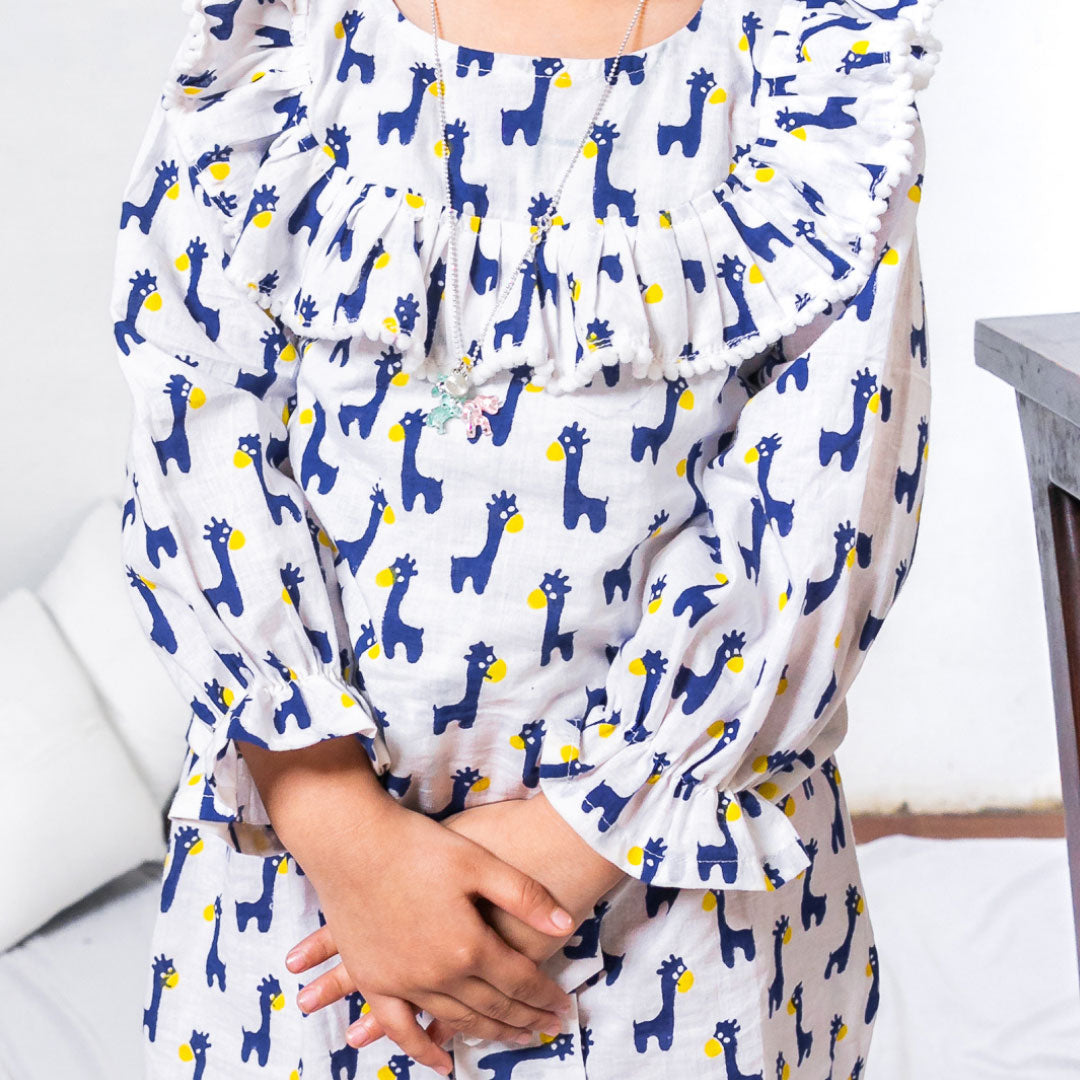Two Piece White & Blue Cotton Animal Block Print Top And Culottes Set For Girls