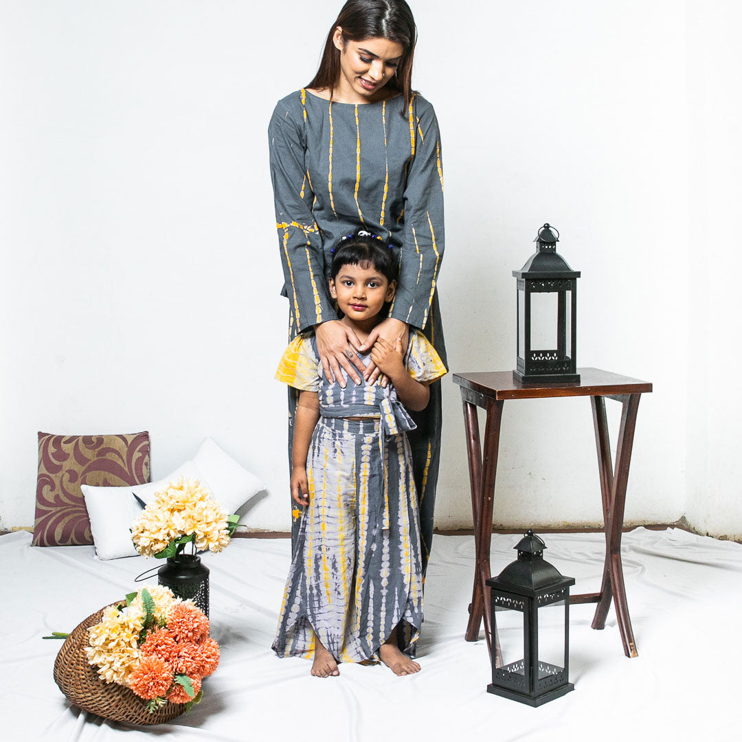 Mom & Daughter Grey Yellow Shibori Cotton Twinning Set Duo