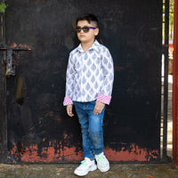 Thumbnail for White Cotton Leaf Block Printed Full Sleeves Shirt For Boys