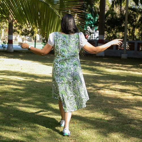 Apple Green White Cotton Dress With Pockets For Women