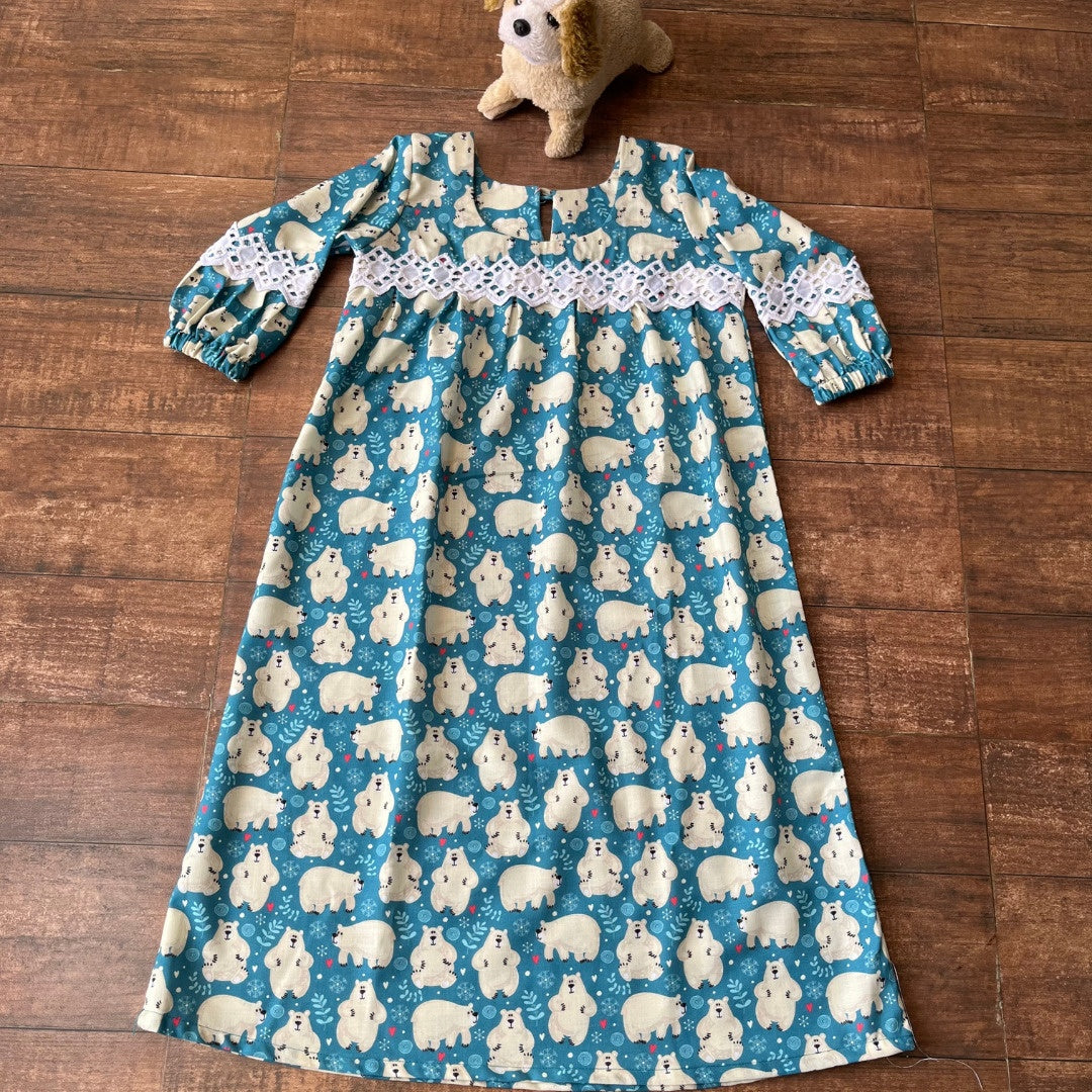Blue Bear Soft Cotton Block Print Nighty For Girl's