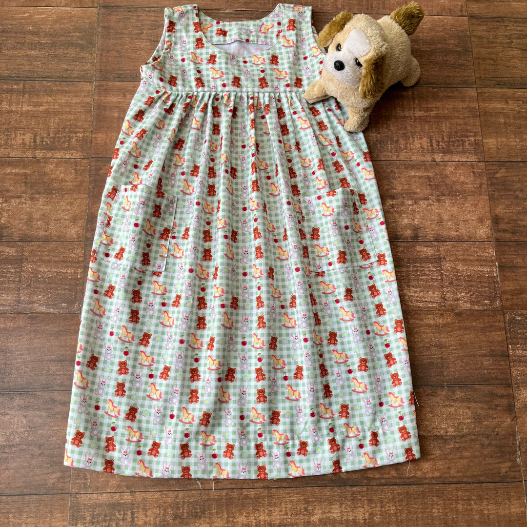 Pastel Green Brown Teddy Print Spun Cooton Sleeveless Nighty For Girls