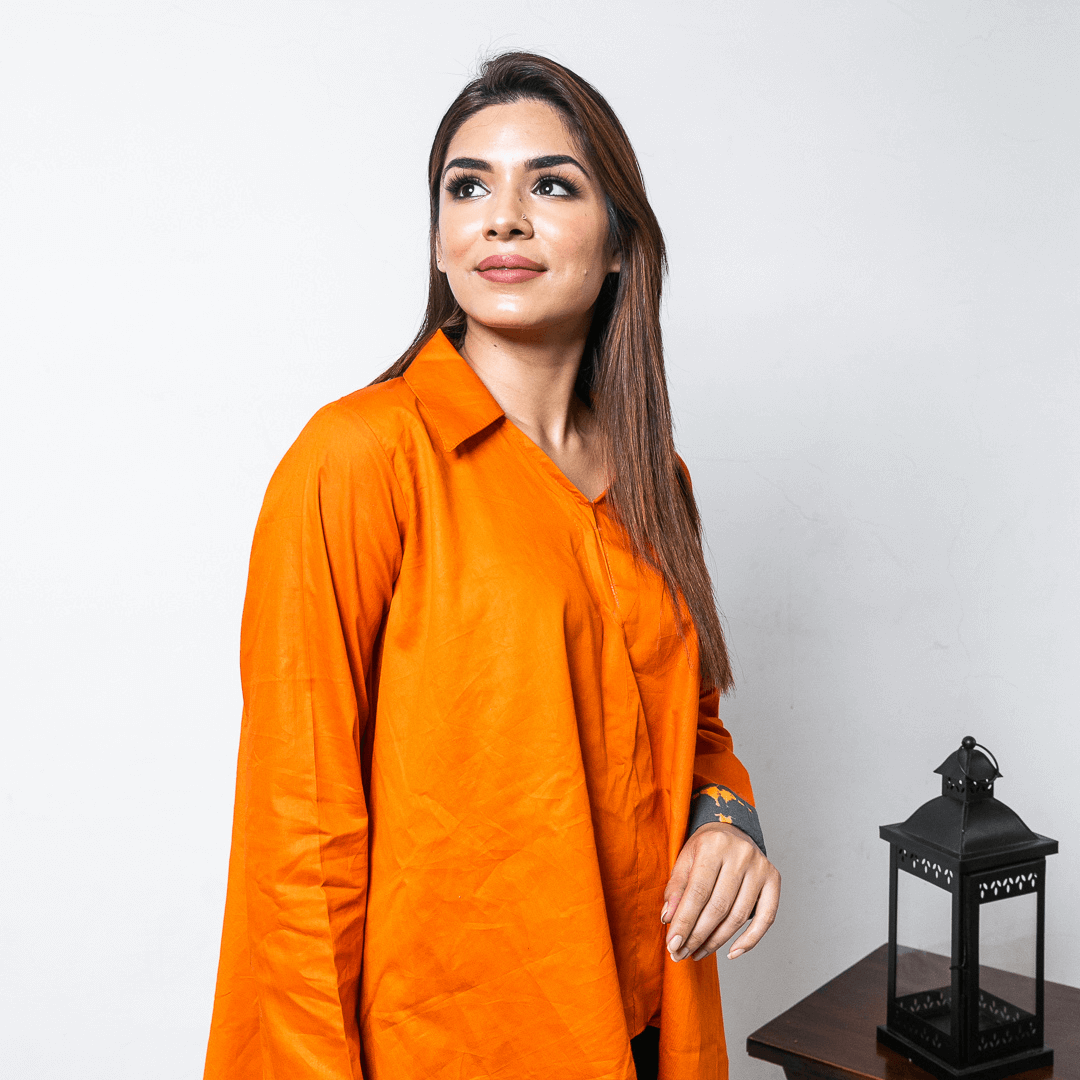 Orange Cotton Handkerchief Top With Grey Shibori Highlight on Sleeves for Women