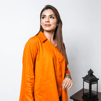 Thumbnail for Orange Cotton Handkerchief Top With Grey Shibori Highlight on Sleeves for Women