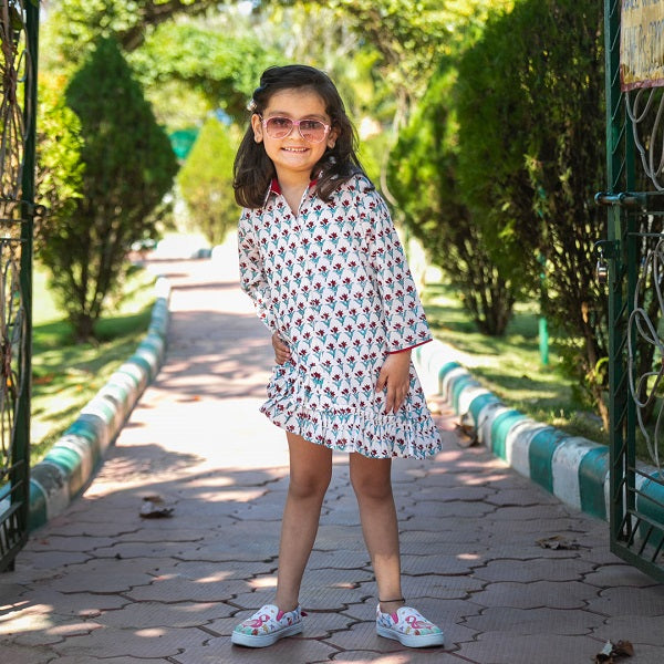 White Chintz Block Printed Cotton Asymmetrical Ruffle Shorts Dress For Girls