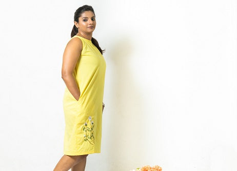 Lemon Yellow Embroidered Sleeveless Shift Dress for Women