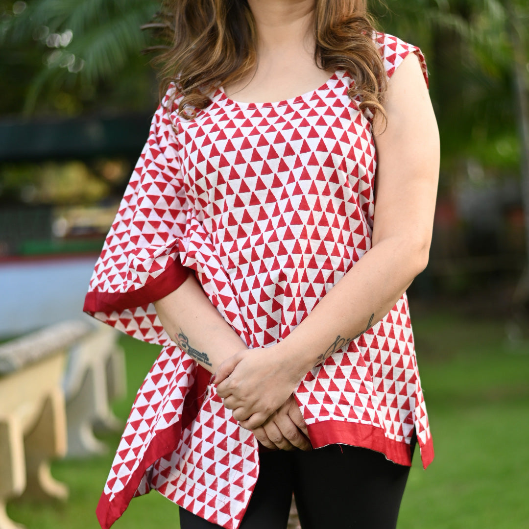 Red & White Cotton Block Print One Side Kaftan Top for Women