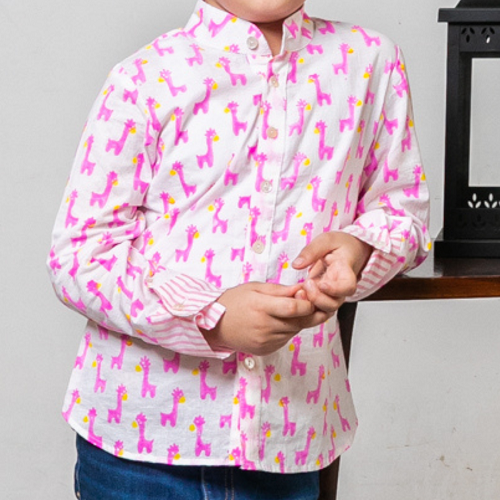 Mom & Son Pink Giraffe Cotton Handblock Printed Twinning Set Duo