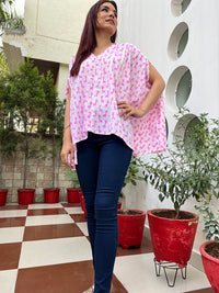 Thumbnail for Pink and White Cotton Hand Block Giraffe Print Free Size Top For Women