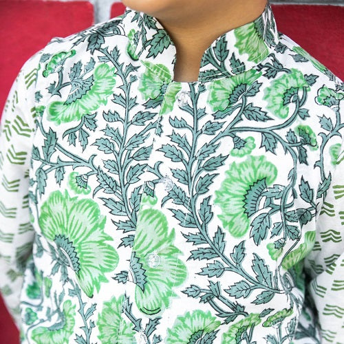 Green Three Piece Cotton Block Print Traditional Dhoti Kurta Jacket Set For Boys