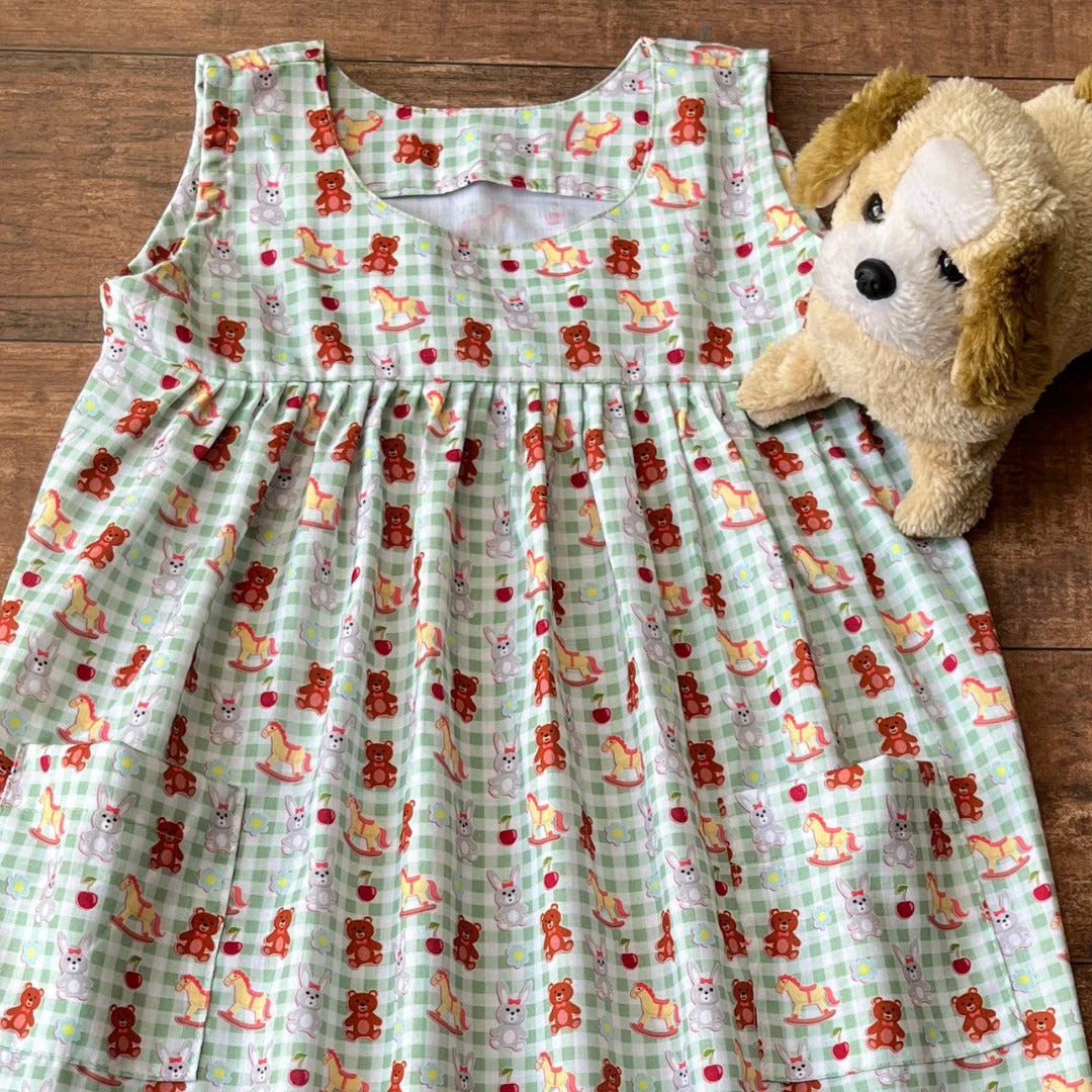 Pastel Green Brown Teddy Print Spun Cooton Sleeveless Nighty For Girls