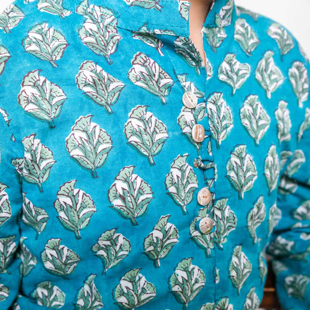 Blue Cotton Block Print Full Sleeves Shirt For Boys