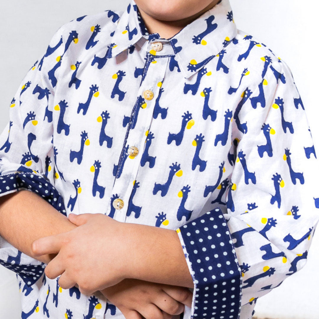 White & Blue Cotton Animal Block Print Full Sleeves Shirt For Boys