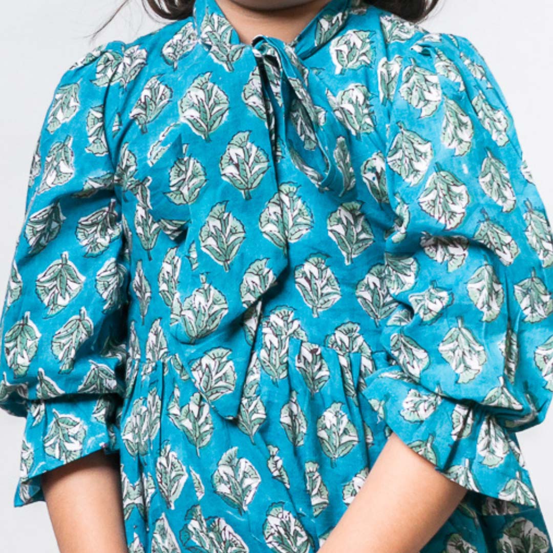 Blue Block Printed Soft Cotton Long Sleeves Ruffled Knee Length Dress For Girls