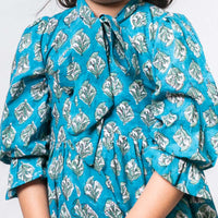 Thumbnail for Blue Block Printed Soft Cotton Long Sleeves Ruffled Knee Length Dress For Girls