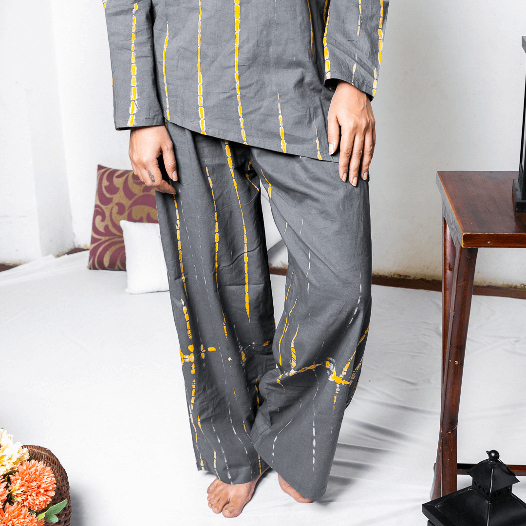 Grey Yellow Two Piece Cotton Shibori Co-Ord Set for Women