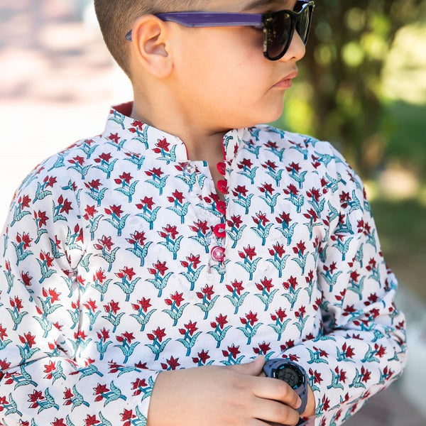 White & Red Cotton Block Print Kurta Style Shirt For Boys