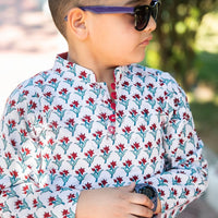 Thumbnail for White & Red Cotton Block Print Kurta Style Shirt For Boys