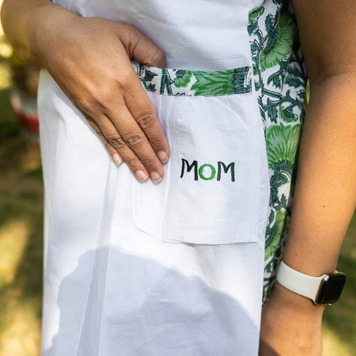 Apple Green White Cotton Dress With Pockets For Women