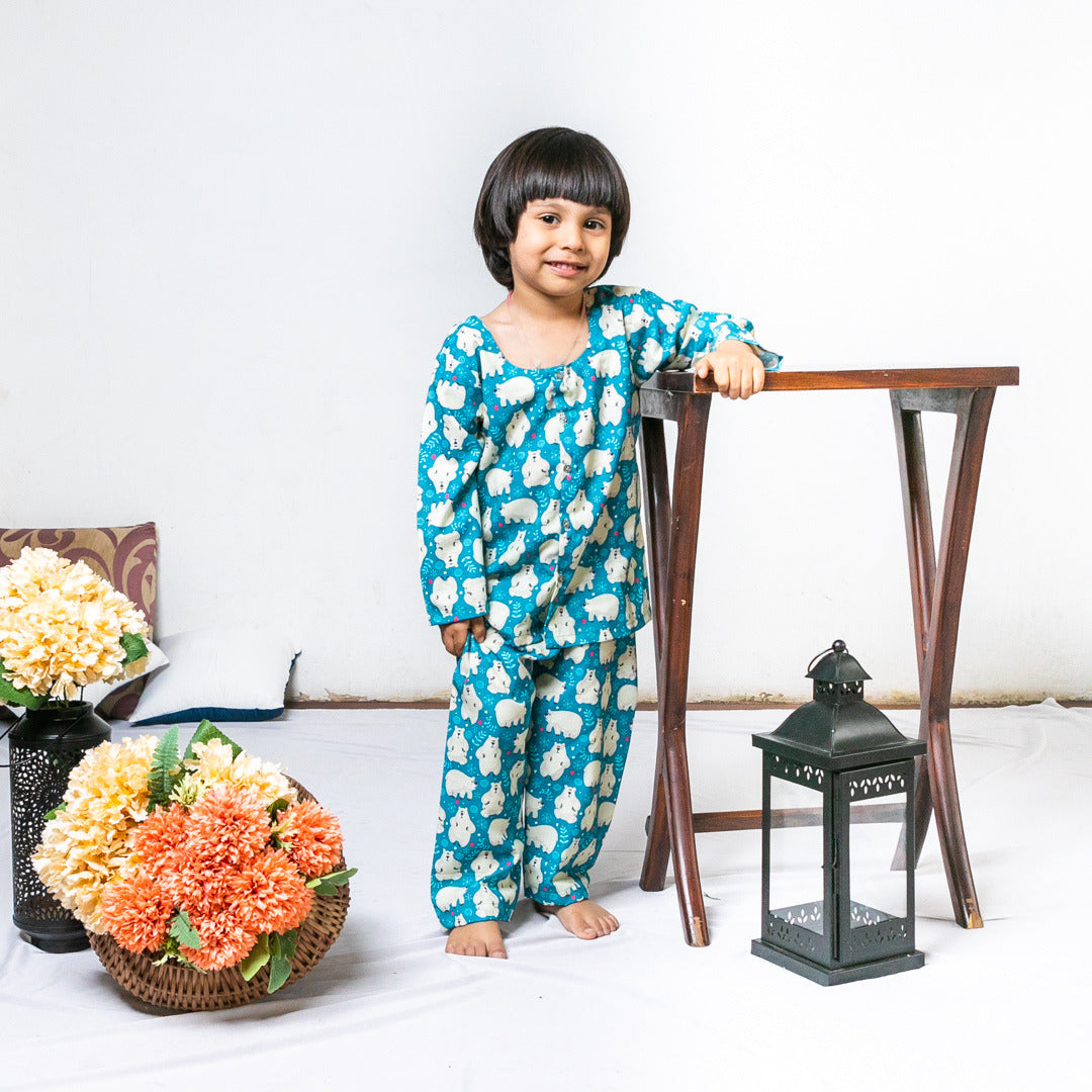 Blue White Bear Printed Soft Cotton Nightwear For Boys