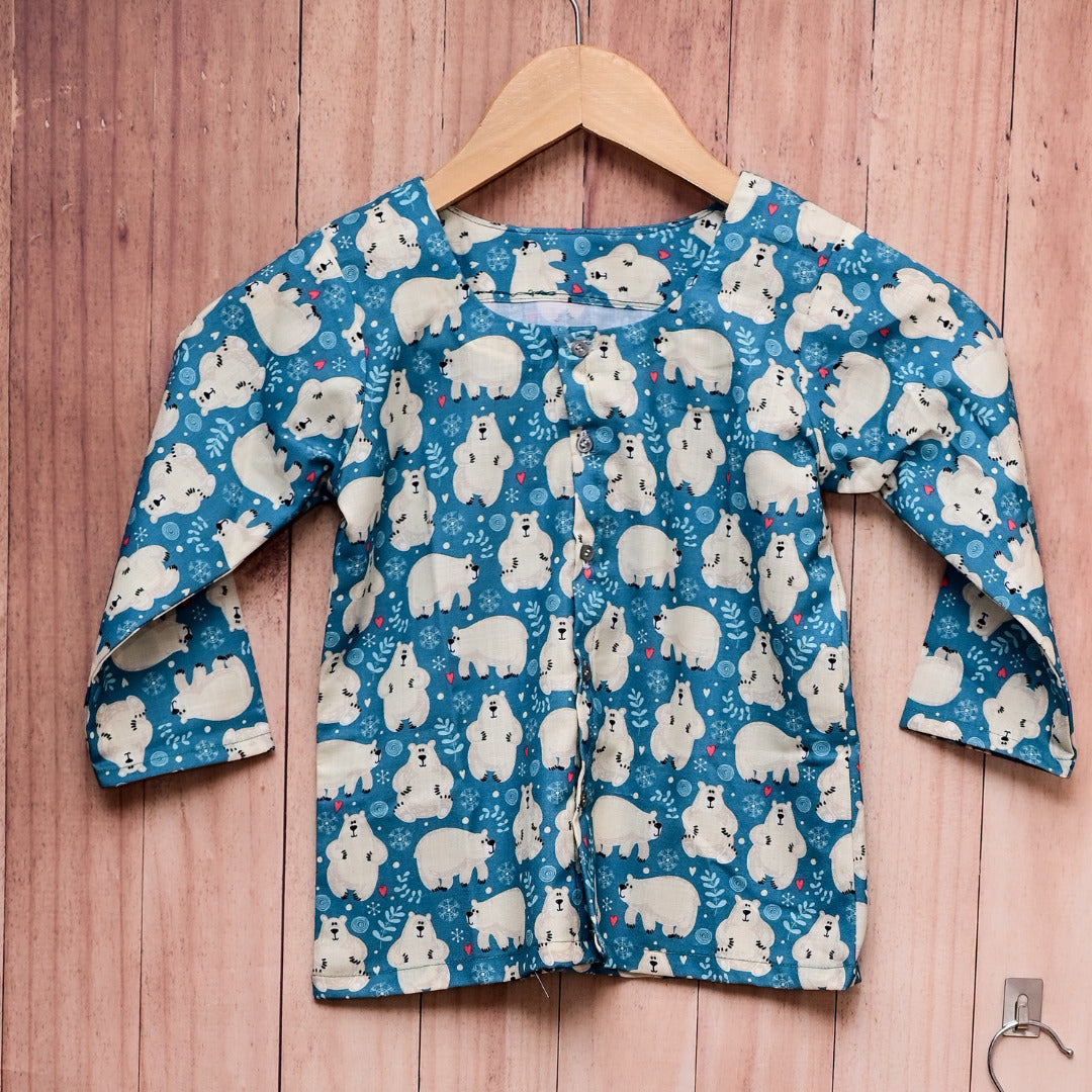 Blue White Bear Printed Soft Cotton Nightwear For Boys