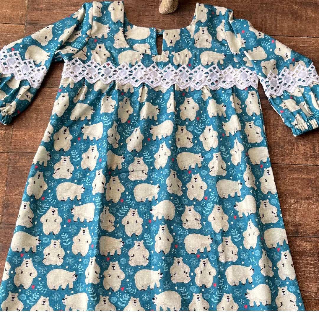 Blue Bear Soft Cotton Block Print Nighty For Girl's