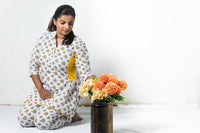 Thumbnail for Yellow Two Piece Cotton Block Printed Peplum Top and Straight Pant Co-ord Set for Women