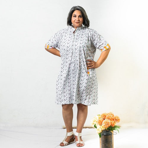 White Floral Print Embroidered Dress with Pockets for Women