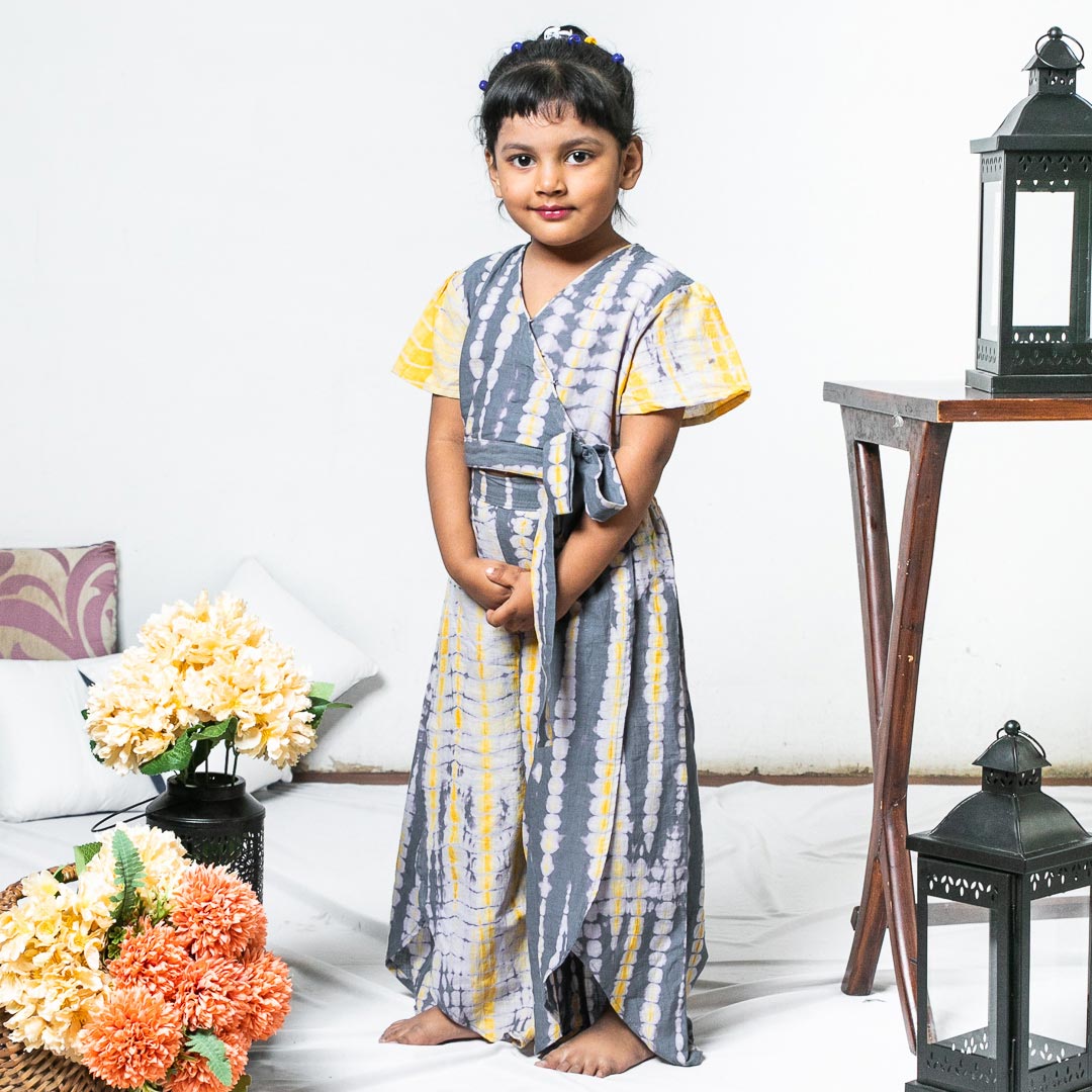 Mom & Daughter Grey Yellow Shibori Cotton Twinning Set Duo