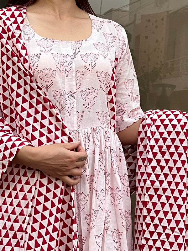 Red and White Three Piece Cotton Hand Block Print Kurta Palazzo Dupatta Set For Women