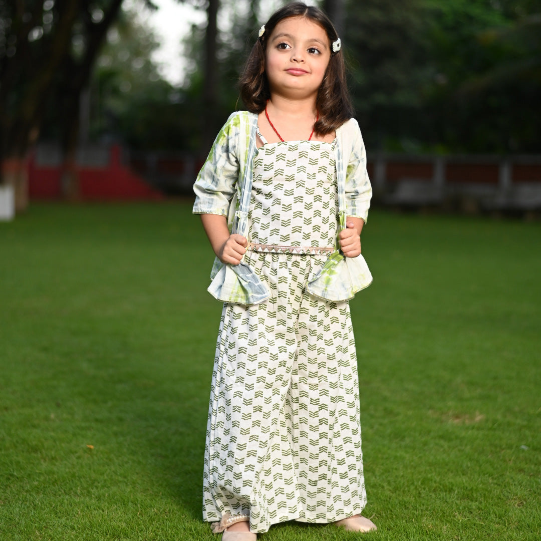 Girl's Three Piece Green Shibori Cotton Block Print Top Palazzo And Shrug Set