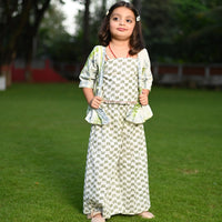 Thumbnail for Girl's Three Piece Green Shibori Cotton Block Print Top Palazzo And Shrug Set