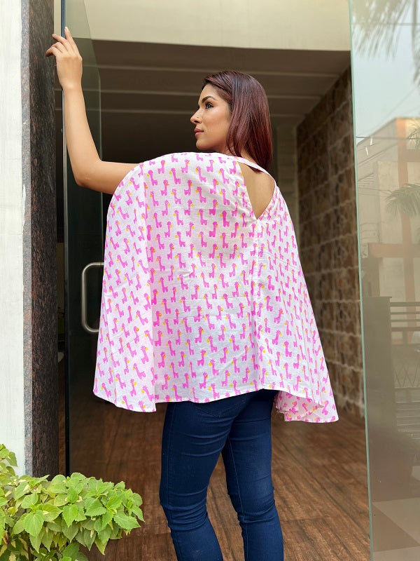 Pink and White Cotton Hand Block Giraffe Print Free Size Top For Women