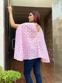 Thumbnail for Pink and White Cotton Hand Block Giraffe Print Free Size Top For Women