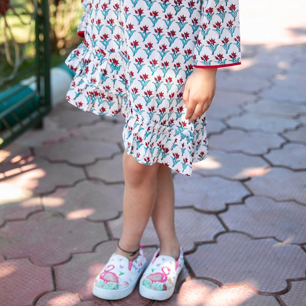 White Chintz Block Printed Cotton Asymmetrical Ruffle Shorts Dress For Girls