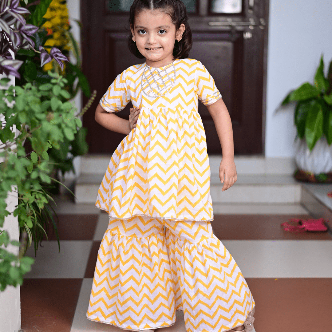 Mom, Son & Daughter Yellow Chevron Cotton Hand Block Twinning Set Trio