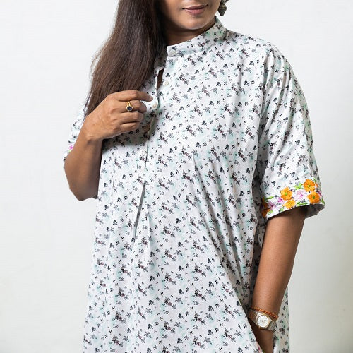 White Floral Print Embroidered Dress with Pockets for Women