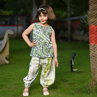 Thumbnail for Two Piece Apple Green Cotton Block Print Kurta and Shibori Pant Set For Girls