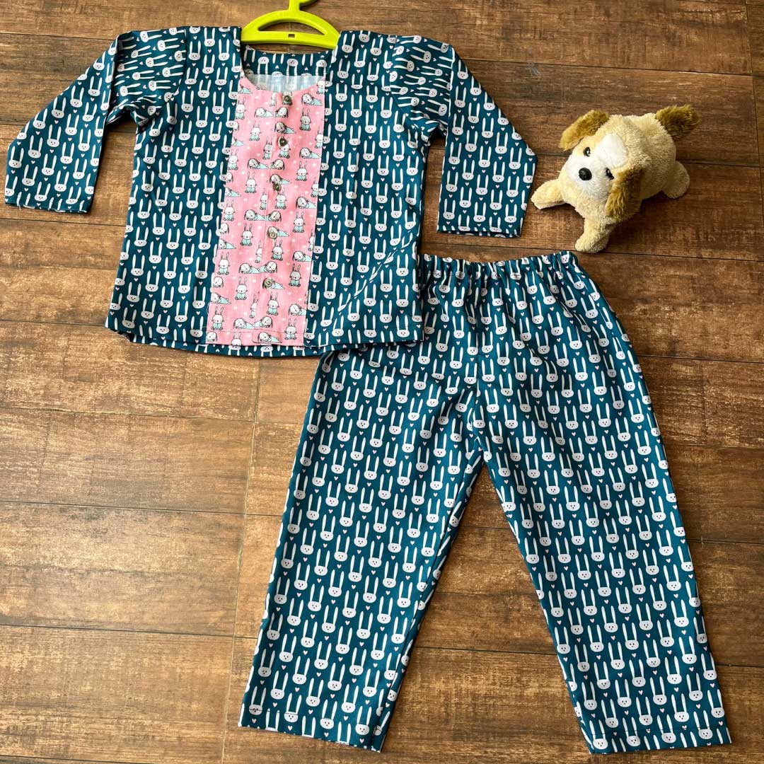 Blue Bunny Hand Block Printed Cotton Unisex Night Suit