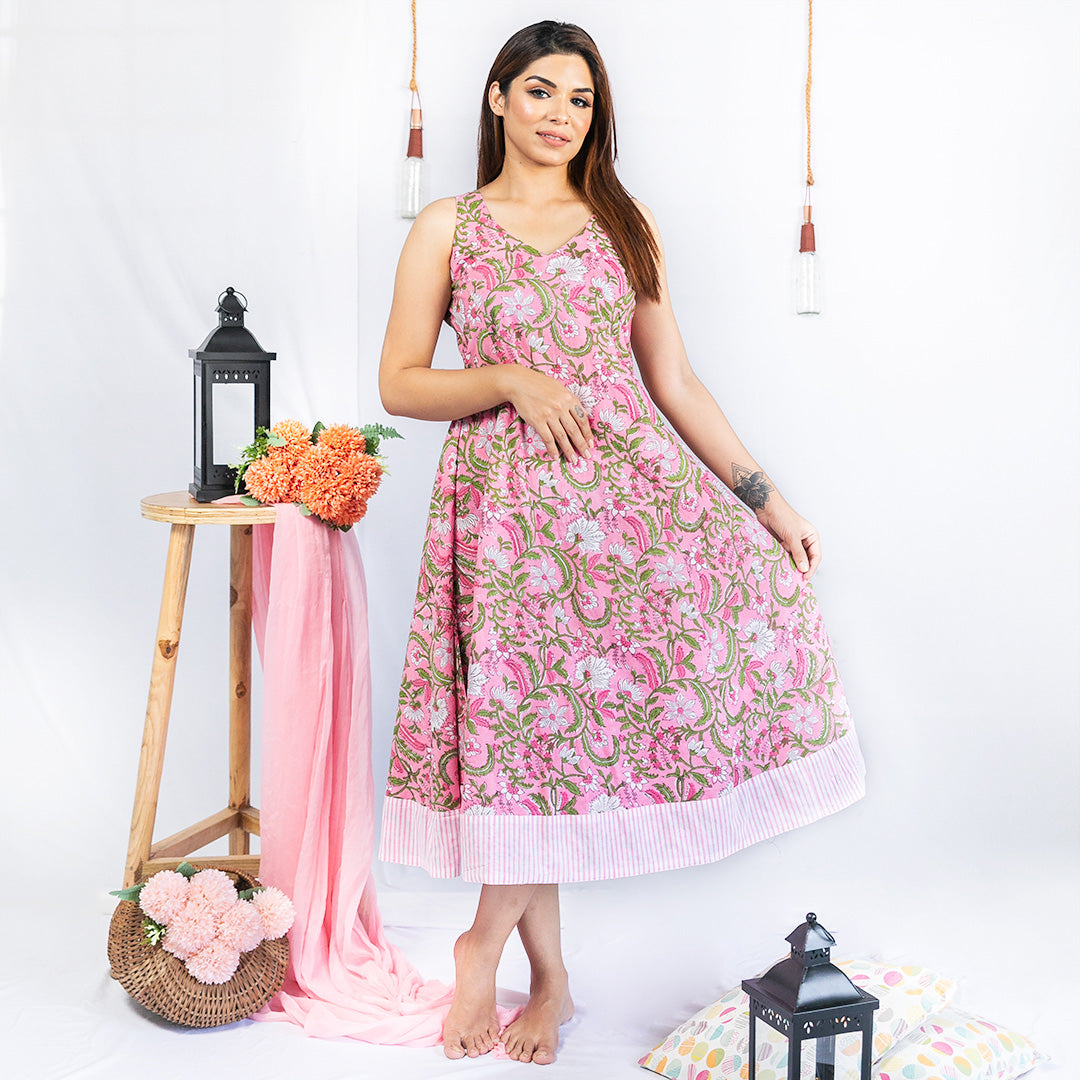 Pink Cotton Hand Block Print Sleeveless Cotton Dress for Women