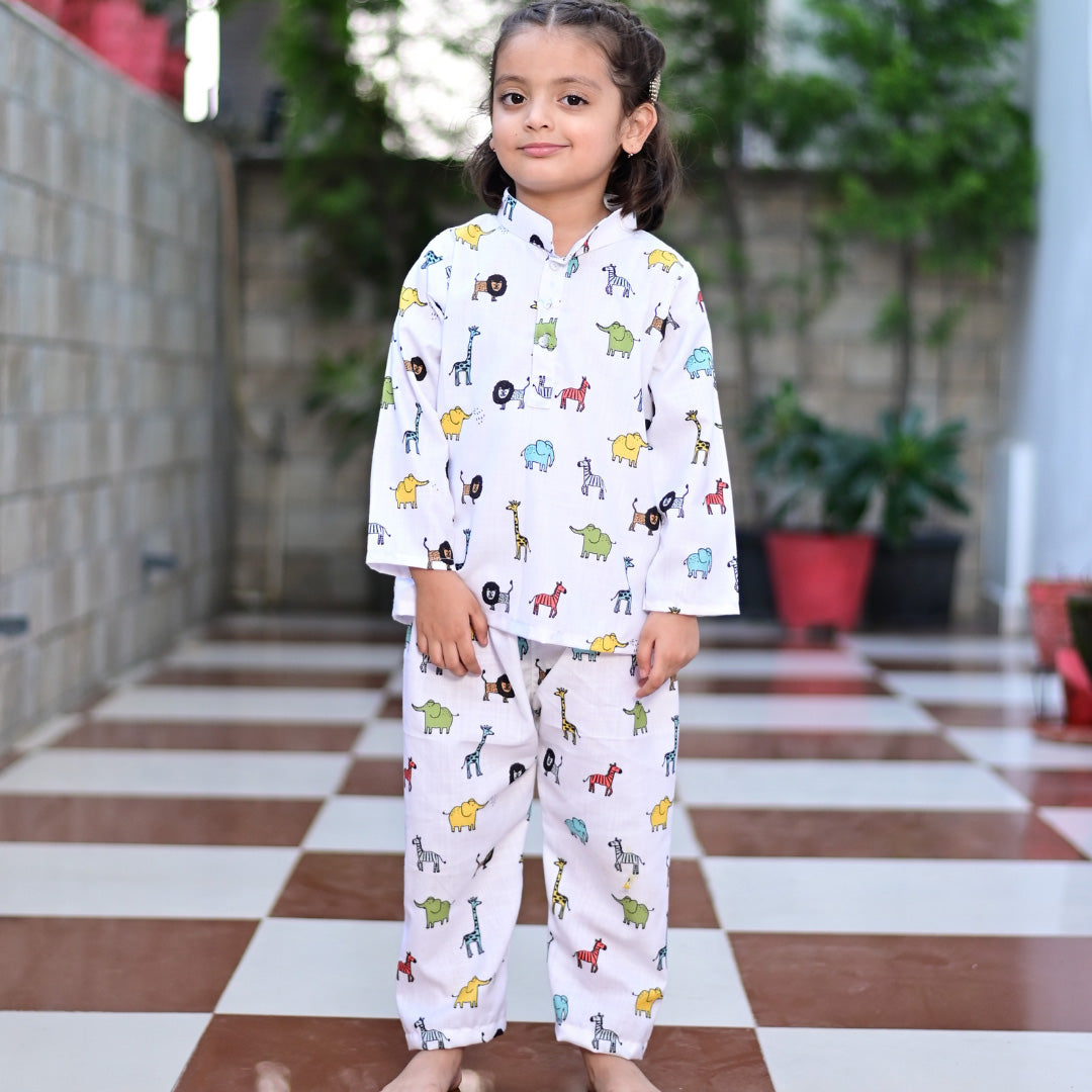 White Animal Print Soft Cotton Nightwear For Girl's