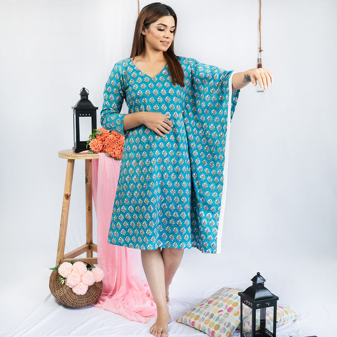 Blue Cotton Hand Block Print One Sided Kaftan Style Dress For Woman