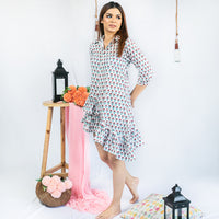 Thumbnail for White & Red Cotton Block Printed Ruffled Short Dress for Woman