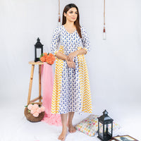 Thumbnail for Yellow & Blue Cotton Block Printed Midi Dress for Women