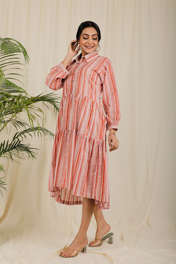 Peach Striped Tier Dress For New Mom