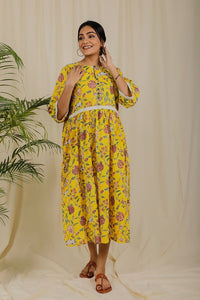Thumbnail for Yellow Floral Block Print Dress For New Mom
