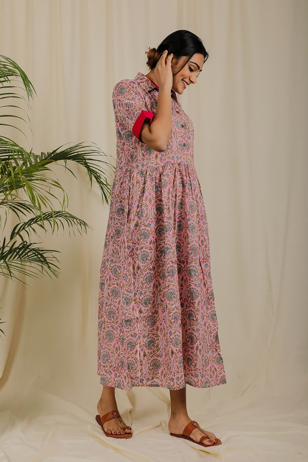 Blush Pink Floral Block Print Dress For New Mom